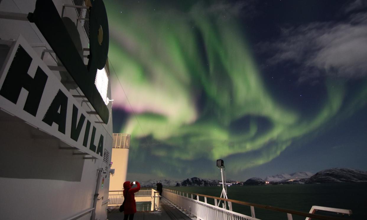 <span>The aurora borealis made a welcome appearance during Kevin Rushby’s trip on board Havila Capella.</span><span>Photograph: PR Image</span>