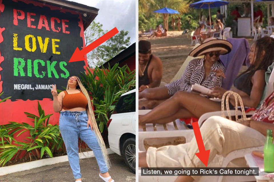 A woman is standing in front of a restaurant entrance that reads, "Peace, Love, Rick's" with Whoopi and Angela Basset engaging in a convo on the beach