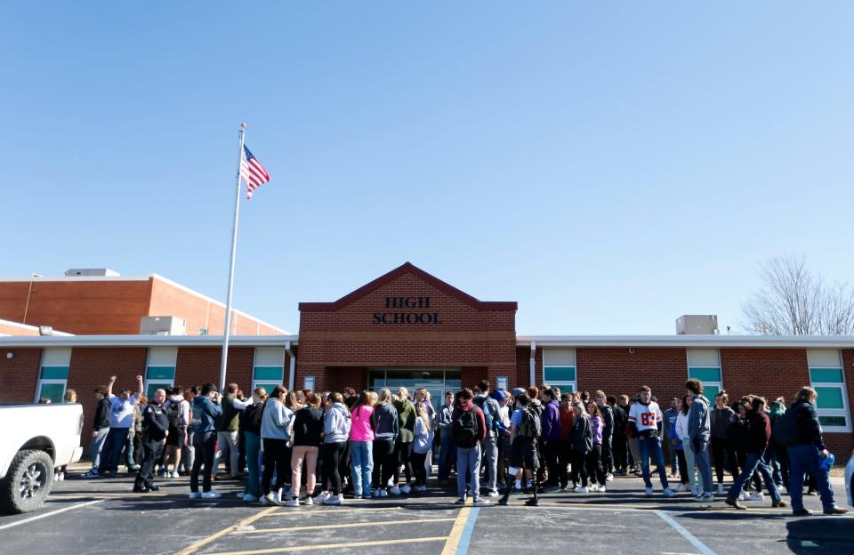 Fair Grove High School students staged a walk out on Tuesday, Feb. 13, 2024, to protest the firing for school resource officer Ben McMains.
