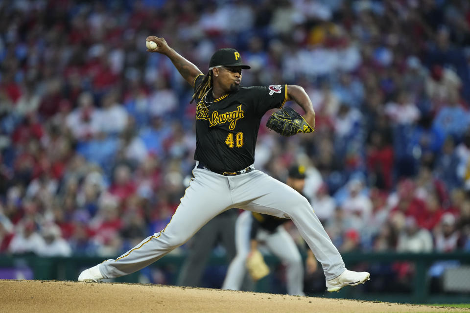 Pittsburgh Pirates' Luis Ortiz pitches during the second inning of a baseball game against the Philadelphia Phillies, Thursday, Sept. 28, 2023, in Philadelphia. (AP Photo/Matt Rourke)