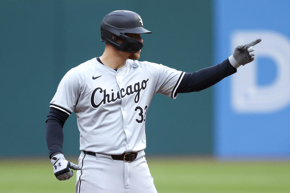 Chicago White Sox's Gavin Sheets celebrates after hitting a one-run double off Cleveland Guardians pitcher Tanner Bibee during the first inning of a baseball game, Wednesday, April 10, 2024, in Cleveland. (AP Photo/Ron Schwane)