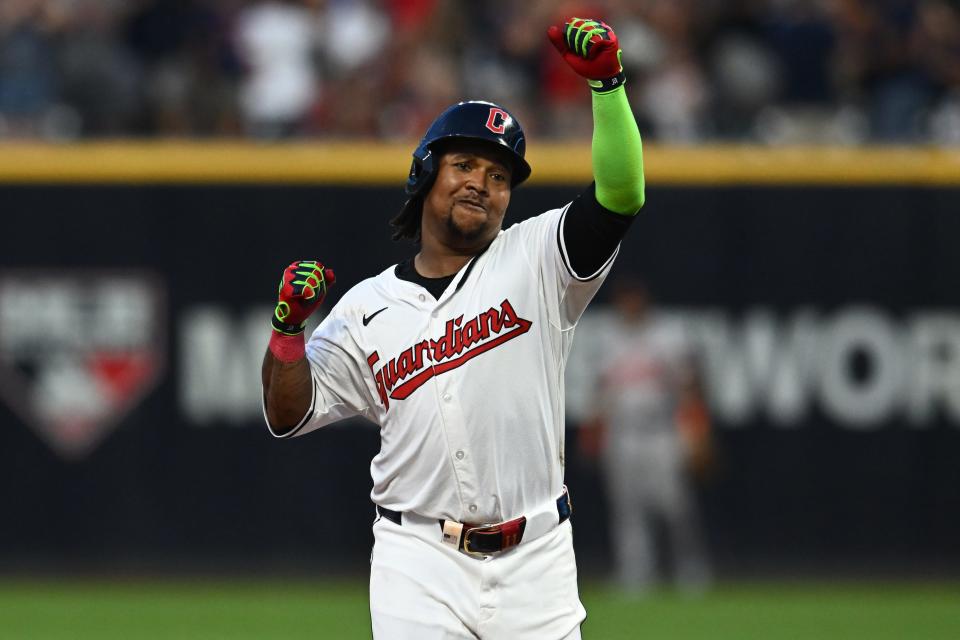 Aug 1, 2024; Cleveland, Ohio, USA; Cleveland Guardians third baseman Jose Ramirez (11) rounds the bases after hitting a home run during the seventh inning against the Baltimore Orioles at Progressive Field. Mandatory Credit: Ken Blaze-USA TODAY Sports