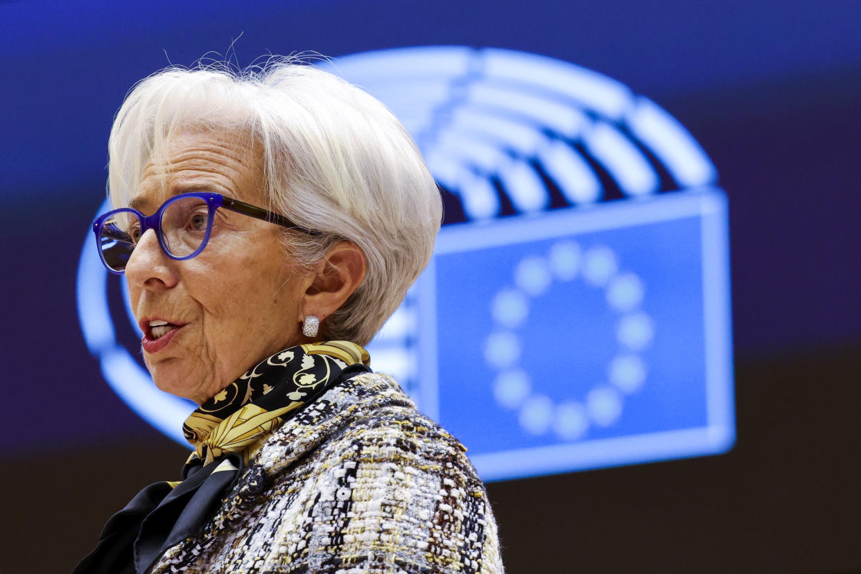 European Central Bank President Christine Lagarde addresses European lawmakers during a plenary session at the European Parliament in Brussels, on February 8, 2021. (Photo by Olivier Matthys / POOL / AFP) (Photo by OLIVIER MATTHYS/POOL/AFP via Getty Images)