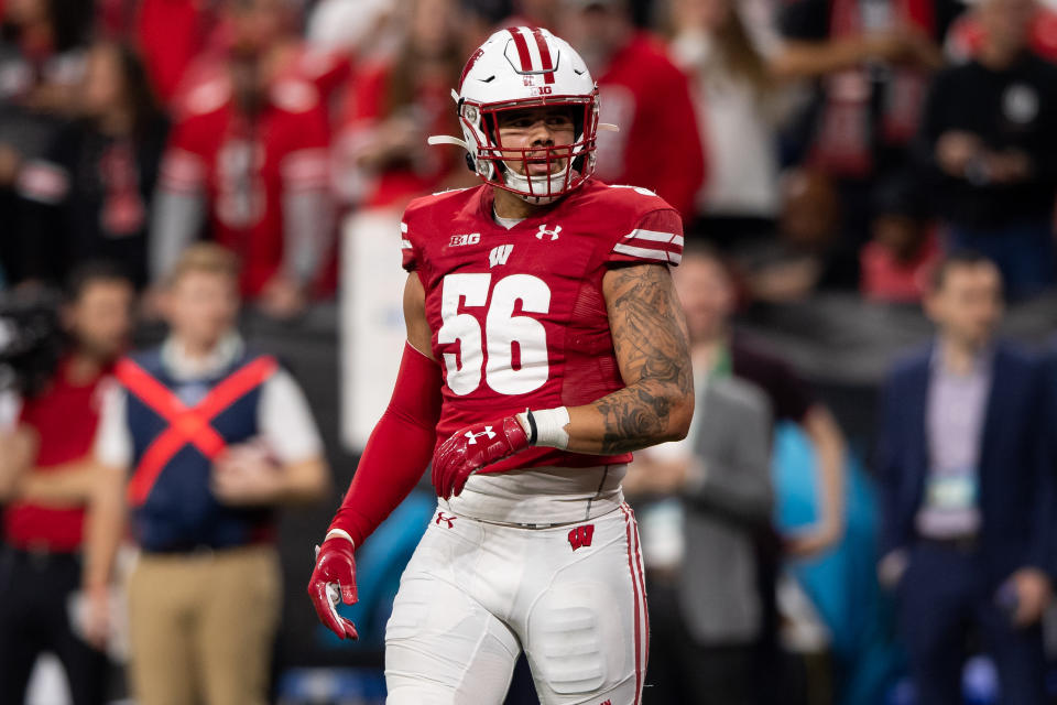 Former Wisconsin outside linebacker Zack Baun reportedly had his urine sample flagged at the NFL scouting combine for being diluted. (Photo by Zach Bolinger/Icon Sportswire via Getty Images)