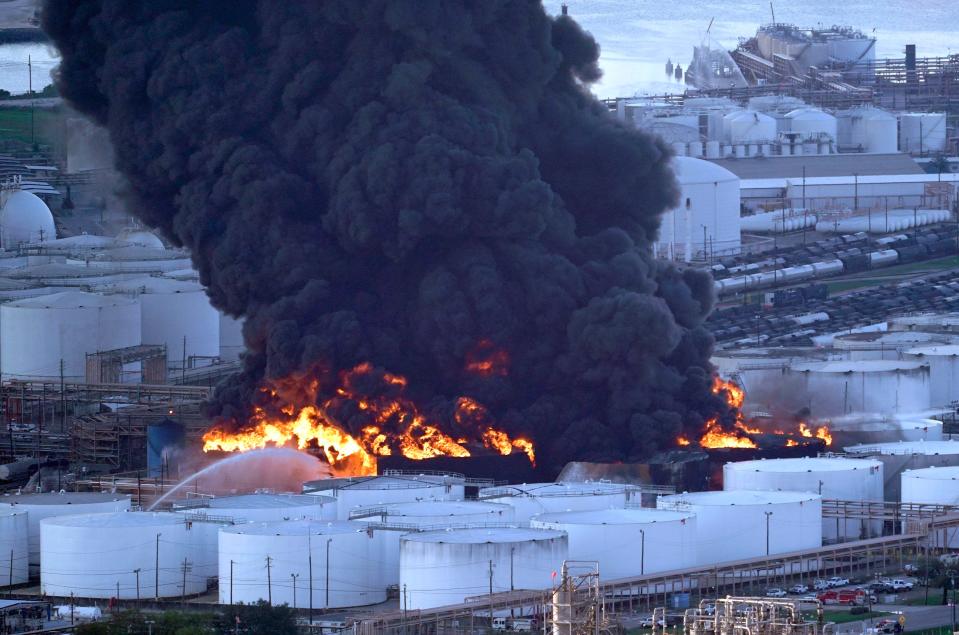 Firefighters battle a large petrochemical fire at the Intercontinental Terminals Company on March 18, 2019, in Deer Park, Texas, near Houston.