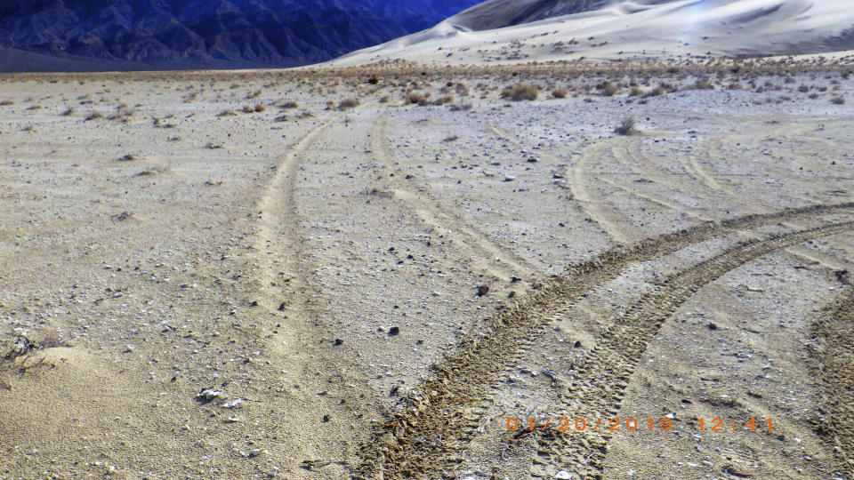 This January 2019 photo provided by the U.S. National Park Service shows vehicle tracks an area that is home to rare and endangered plants and animals in Death Valley National Park, Calif. National parks across the United States are scrambling to clean up and repair damage caused by visitors and storms during the government shutdown while bracing for another possible closure ahead of the usually busy President's Day weekend. (National Park Service via AP)