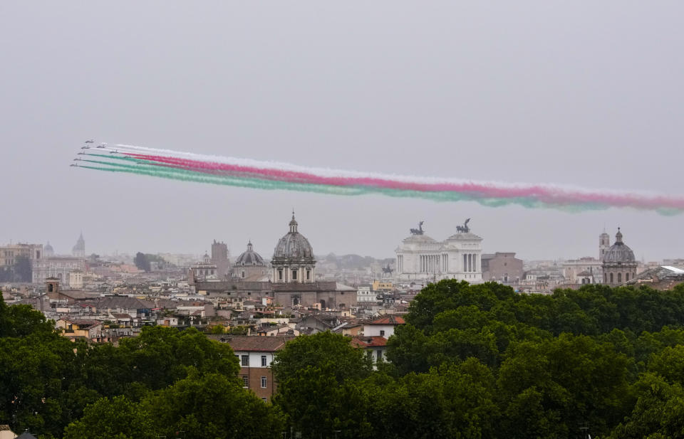 The Italian aerobatic squad 'Freccie Tricolori' flies over Rome, Sunday, June 2, 2024, as part of the celebrations of Italy Republic's Day. (AP Photo/Andrew Medichini)