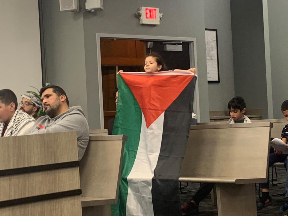 Aya Ksouri, 5, holds up a Palestinian flag during a recent Canton City Council meeting where Stark County residents have been calling on council to pass a resolution demanding a cease-fire in Gaza.