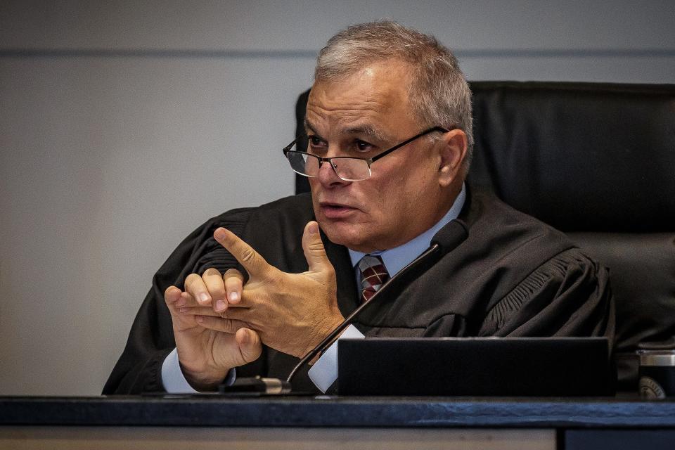 Judge Howard K. Coates Jr. talks with potential jurors during jury selection in the aggravated child abuse trial of Timothy Ferriter, of Jupiter, at the Palm Beach County Courthouse in downtown West Palm Beach, Fla., on September 29, 2023.