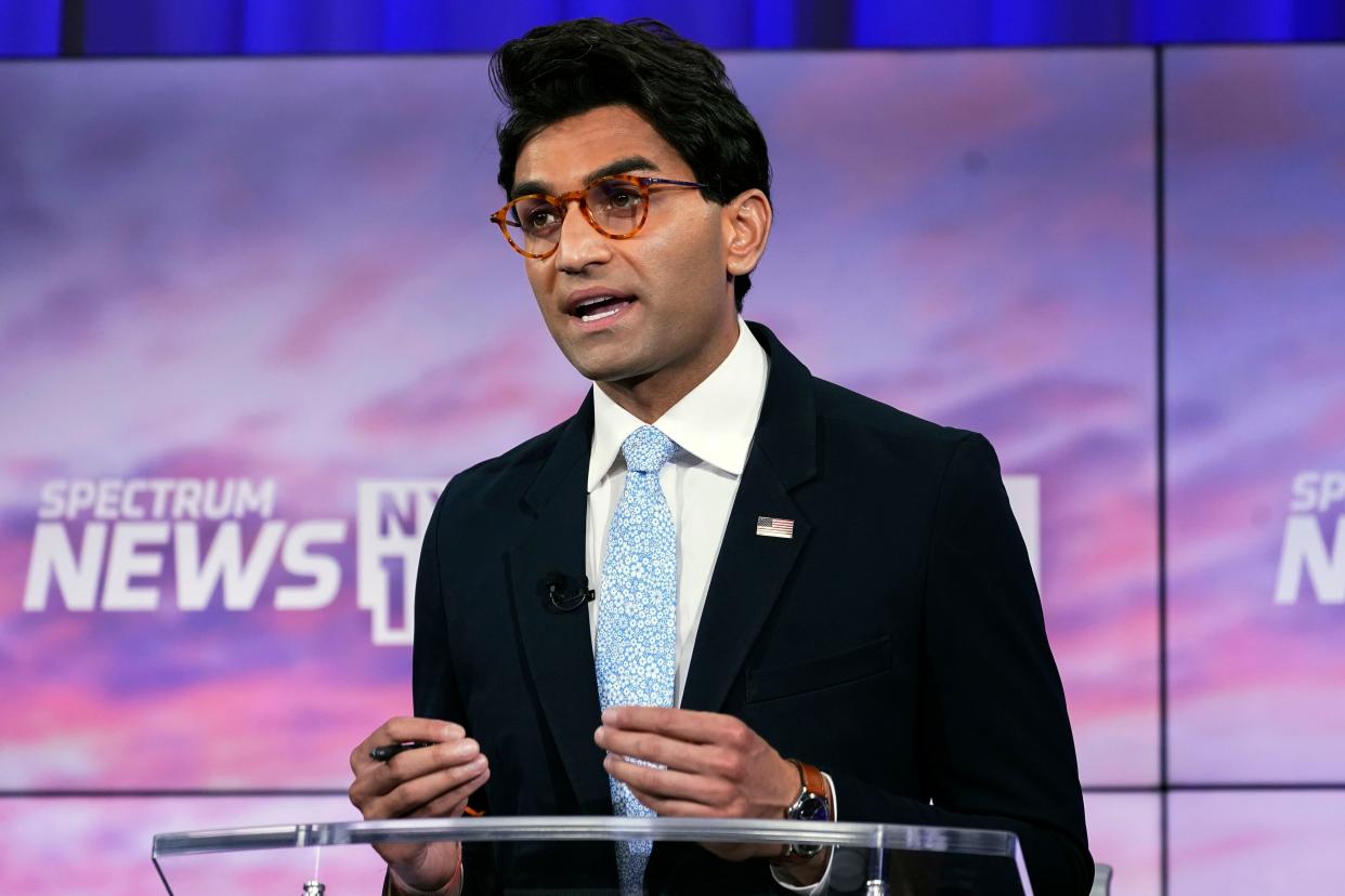 Attorney Suraj Patel speaks during New York's 12th Congressional District Democratic primary debate hosted by Spectrum News NY1 and WNYC at the CUNY Graduate Center, Tuesday, Aug. 2, 2022, in New York. (AP Photo/Mary Altaffer, Pool)