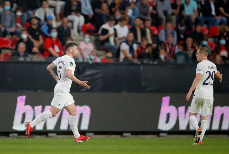 Pierre-Emile Højbjerg celebrates scoring against Rennes in the Europa Conference League draw (REUTERS)