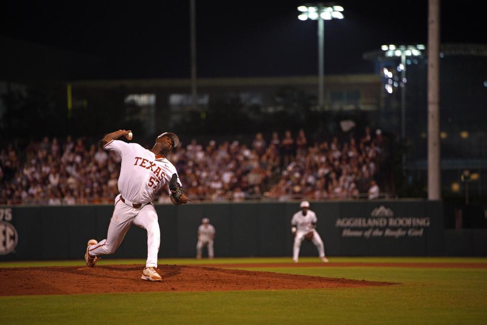 Texas Longhorns pitcher Lebarron Johnson Jr (57) pitches against the Texas A&M Aggies during the second round in the NCAA baseball College Station Regional on June 1, 2024 at Olsen Field College Station.