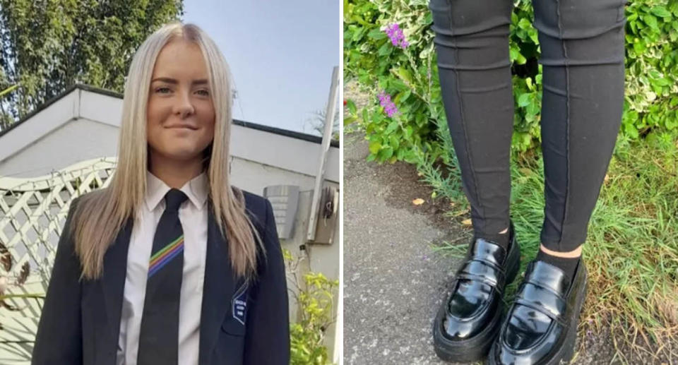 Student Gabrielle McGowan is one of the girls facing punishment over the trousers (right). Source: Birmingham World/ BBC