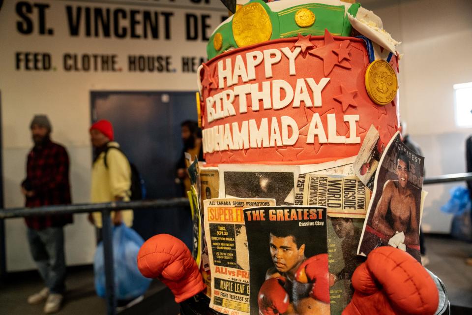 A view of a cake during a birthday celebration for the late Muhammad Ali at the Society of St. Vincent De Paul in Phoenix on Jan. 17, 2024.