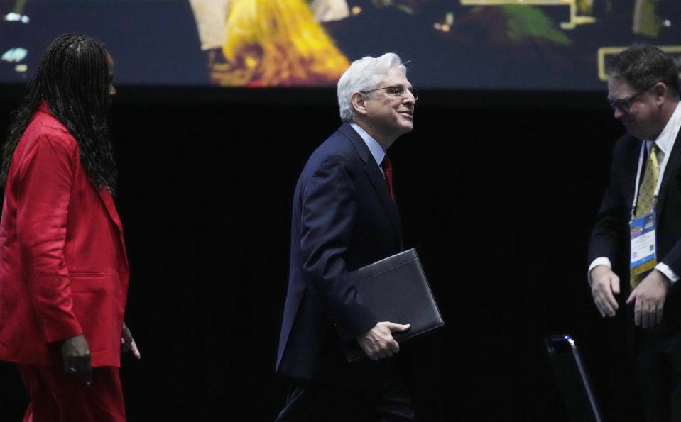 U.S. Attorney General Merrick Garland exits after speaking to members of the house of delegates of the American Bar Association at the group's annual meeting Monday, Aug. 7, 2023, in Denver. (AP Photo/David Zalubowski)