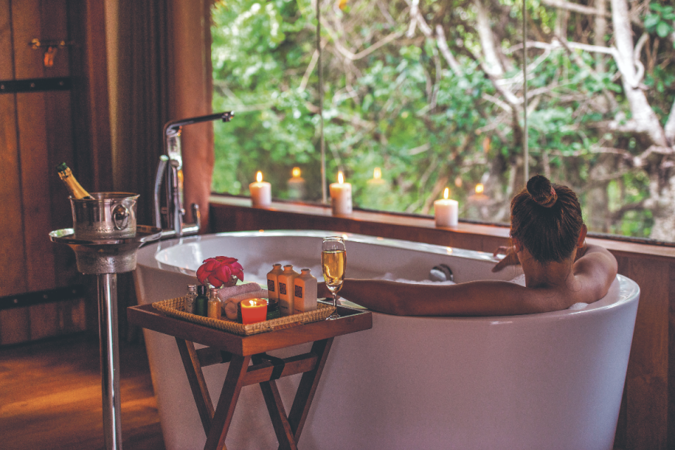 After a long day… relaxing in the bath at the Uga Ulagalla Cabin in Sri Lanka