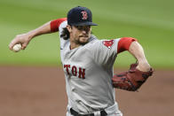 Boston Red Sox pitcher Chris Mazza works against the Atlanta Braves during the first inning of a baseball game Friday, Sept. 25, 2020, in Atlanta. (AP Photo/John Amis)