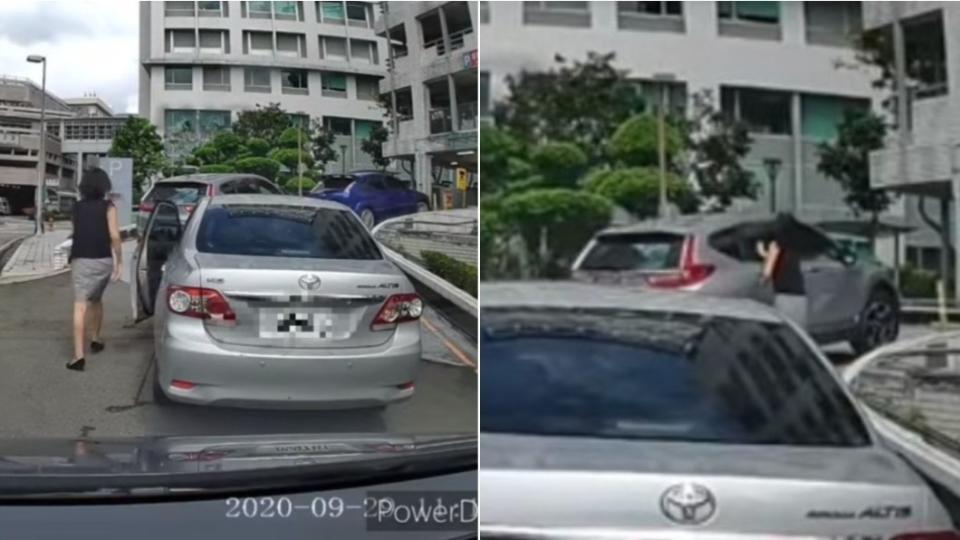 女駕駛下車拍車窗，插隊車輛視若無睹。（圖／翻攝自「爆怨公社」）