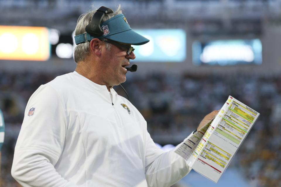 Jacksonville Jaguars head coach Doug Pederson directs his team during the first half of an NFL preseason football game against the Pittsburgh Steelers, Saturday, Aug. 20, 2022, in Jacksonville, Fla. (AP Photo/Gary McCullough)