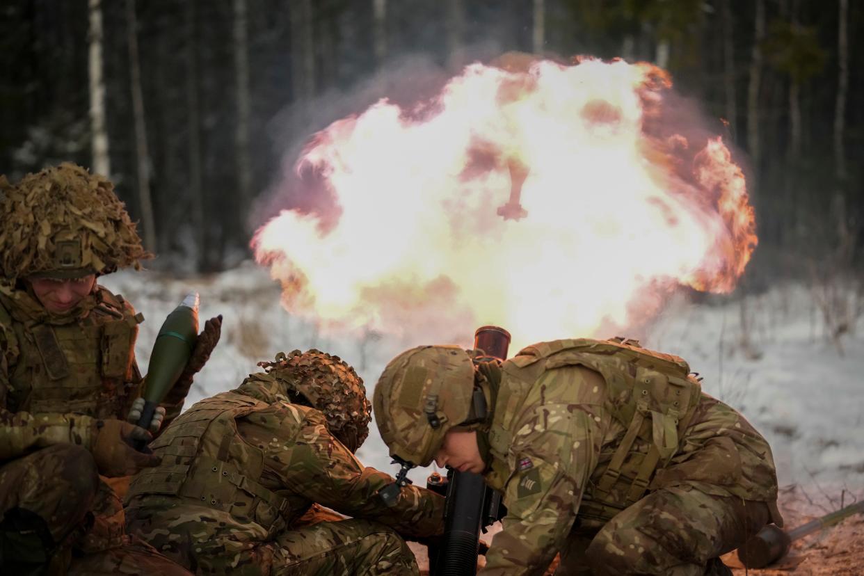 British soldiers attend the Winter Camp 23 military drills near Tapa, Estonia, Tuesday, Feb. 7, 2023. The Winter Camp exercises are regular drills conducted by NATO's multinational battle group in Estonia led by the United Kingdom.