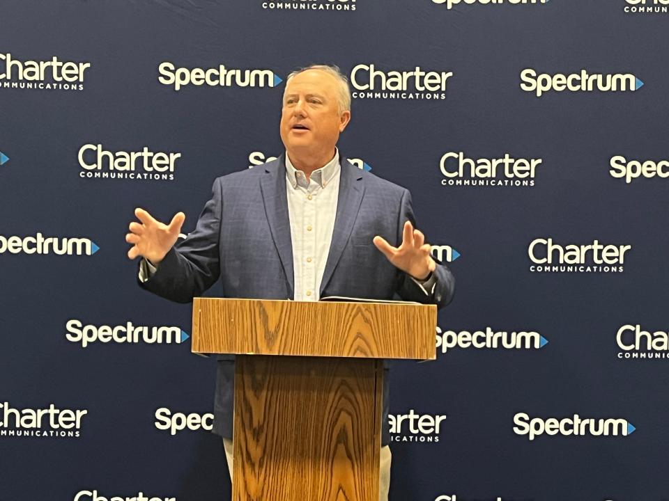 Brian Young, director of Government Affairs for Spectrum, talks Friday at an event at Indian Valley High School in Gnadenhutten about his company's plans to expand broadband access to rural areas of Tuscarawas County.