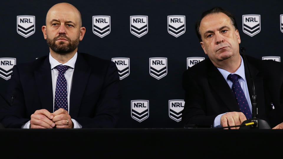 Todd Greenberg and Peter V'landys, pictured here speaking to the media in Sydney.