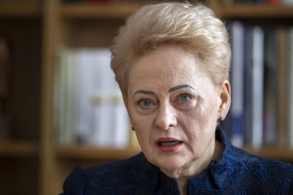 Former Lithuanian President Dalia Grybauskaite speaks during an interview with The Associated Press at the President's palace in Vilnius, Lithuania, Tuesday, July 4, 2023. Grybauskaite has earned a reputation as the "Baltic Iron Lady" for her resolute leadership and bluntness, particularly regarding Russia, she was one of few European leaders who warned of Russian interference in eastern Europe even before Moscow annexed Ukraine's Crimean Peninsula in 2014. (AP Photo/Mindaugas Kulbis)
