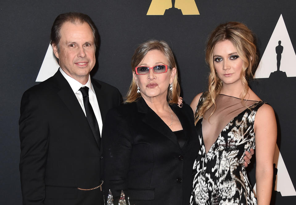 Todd Fisher, from left, Carrie Fisher, and Billie Catherine Lourd arrive at the Governors Awards at the Dolby Ballroom on Saturday, Nov. 14, 2015, in Los Angeles. (Photo by Jordan Strauss/Invision/AP)