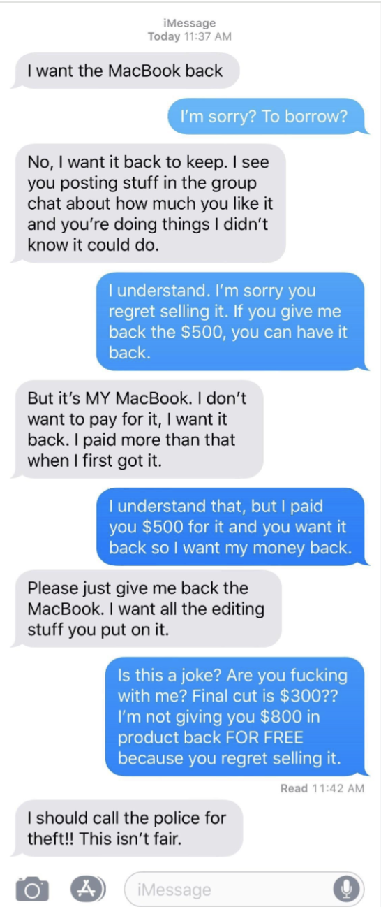 Phone text conversation between two people where one demands the return of a MacBook, and the other refuses, insisting on compensation, resulting in a heated exchange