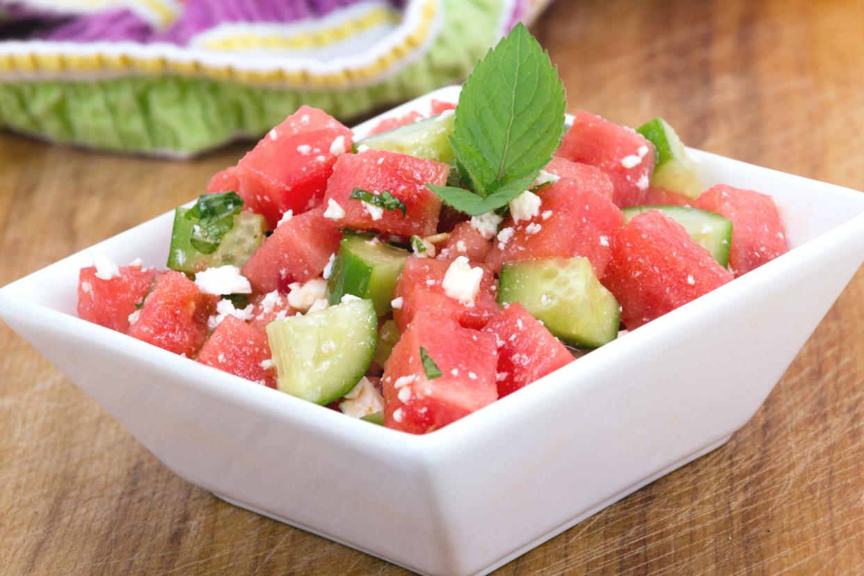 Fresh watermelon salad with mint, feta cheese and cucumber