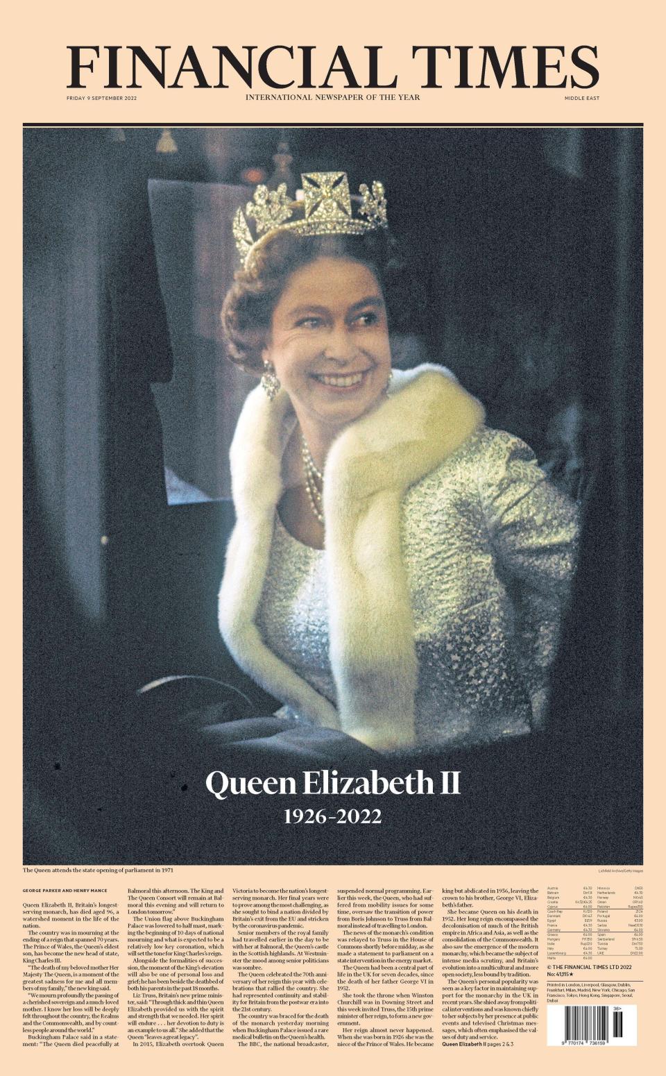 The Financial Times front page on September 9, 2022, marking the death of Queen Elizabeth II.