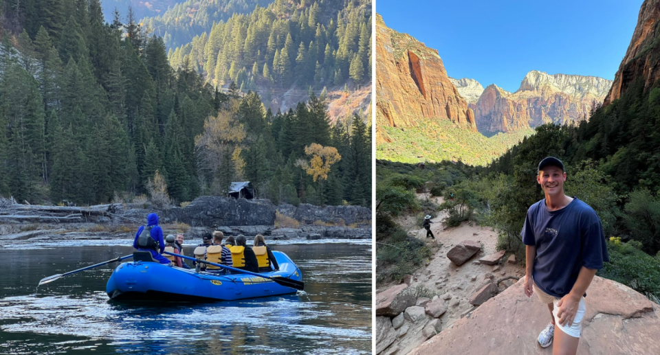 A boat on a river (left) and travel influencer Tim Abbott at a canyon.