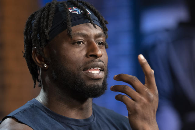 Tennessee Titans NFL football tight end Chig Okonkwo responds to questions during a news conference Wednesday, May 3, 2023, in Nashville, Tenn. (AP Photo/George Walker IV)