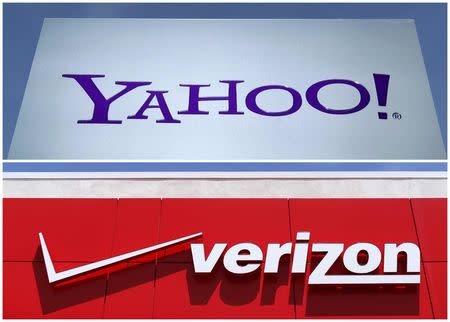 A combination photo shows Yahoo logo in Rolle, Switzerland (top) in 2012 and a Verizon sign at a retail store in San Diego, California, U.S. In 2016. REUTERS/File Photos