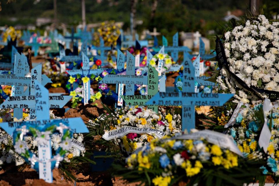 PHOTO: Graves of COVID-19 victims are seen at the Nossa Senhora Aparecida cemetery in Manaus, Amazonas state, Brazil, on April 29, 2021. (Michael Dantas/AFP via Getty Images)