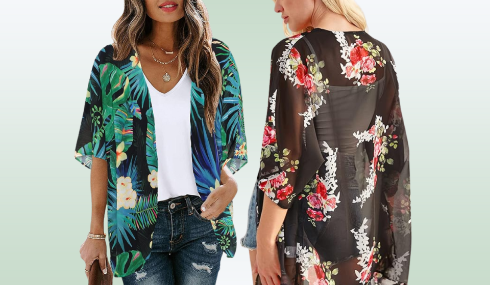 two models wearing the kimono cardigan in a tropical print and a floral print on black