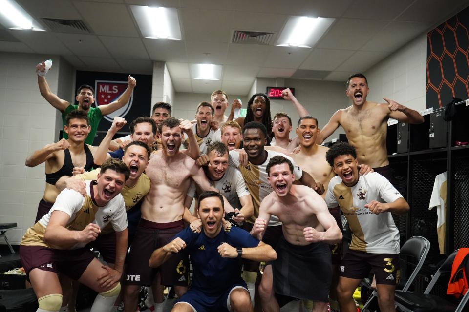 Detroit City FC players celebrate following their U.S. Open Cup victory over the Houston Dynamo in the Round of 32 on Tuesday, May 7, 2024, in Houston.