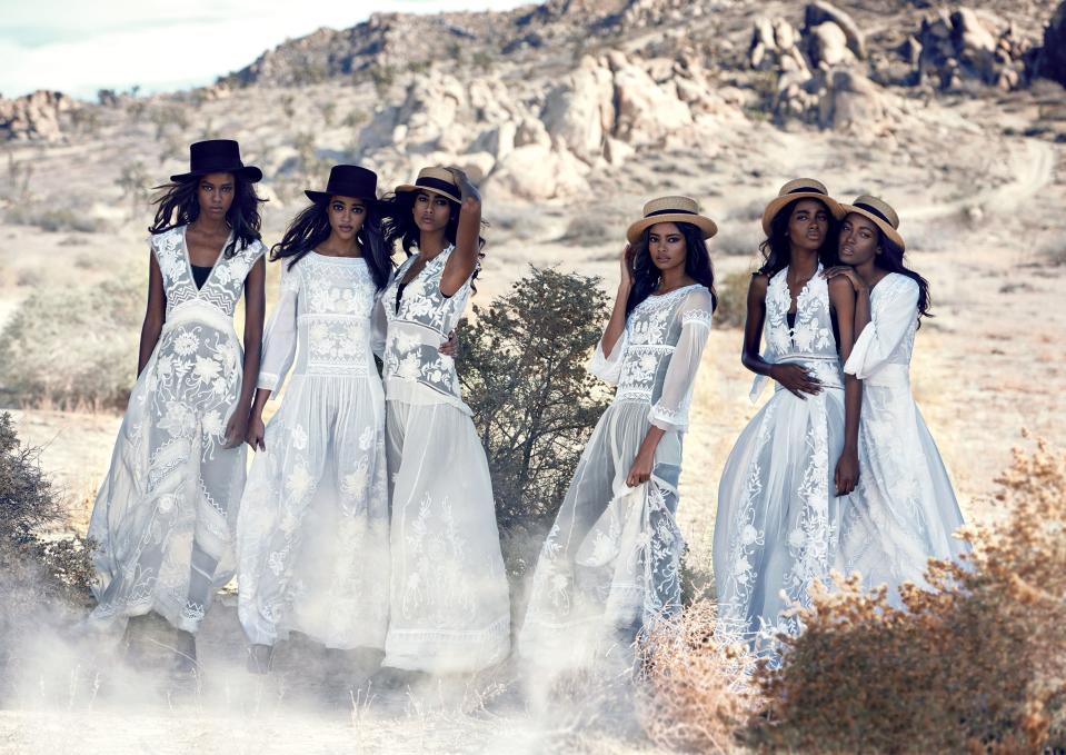 “Light Brigade,” with models, from far left: Leila Nda, Aya Jones, Imaan Hammam, Malaika Firth, Tami Williams, and Kai Newman