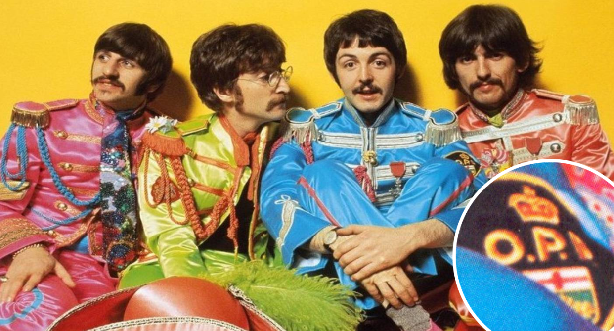 Sgt Pepper album photo with enhanced inset of Paul McCartney's O.P.D badge