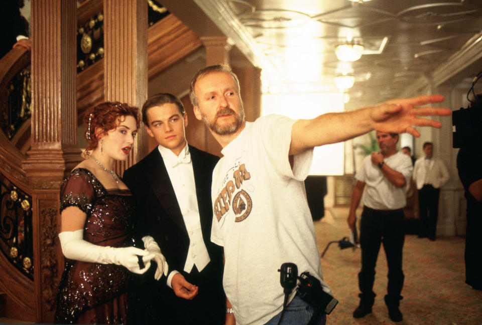 Kate Winslet, Leonardo Di Caprio, and director James Cameron on set