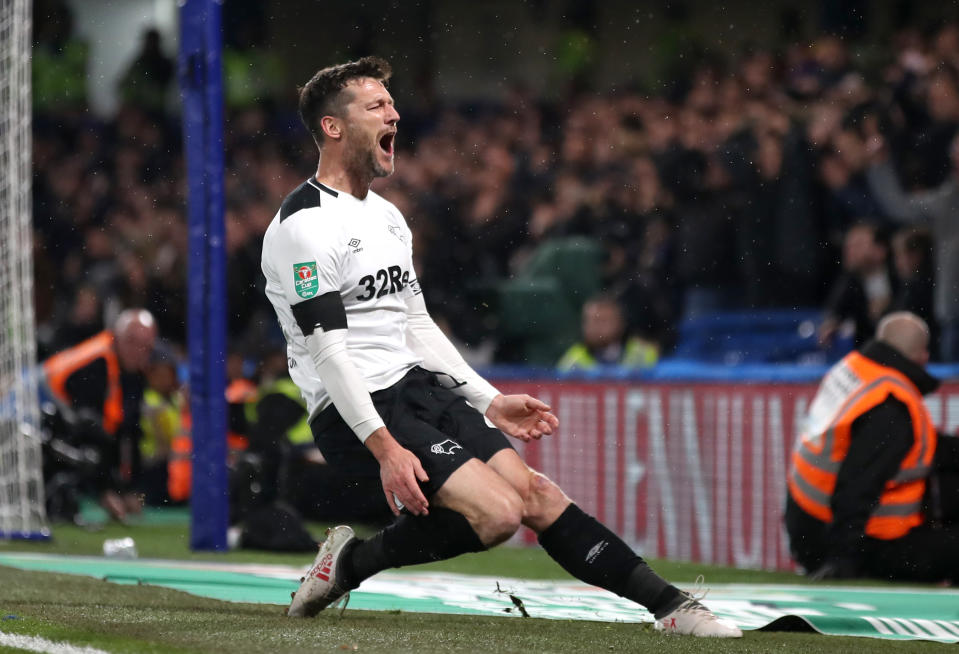 David Nugent can’t believe his late effort has cannoned off the post and not found the back of the net