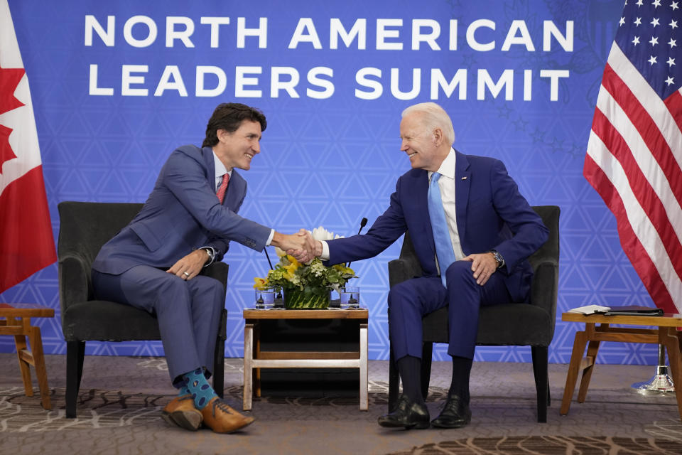 President Joe Biden meets with Canadian Prime Minister Justin Trudeau at the InterContinental Presidente Mexico City hotel in Mexico City,Tuesday, Jan. 10, 2023. (AP Photo/Andrew Harnik)