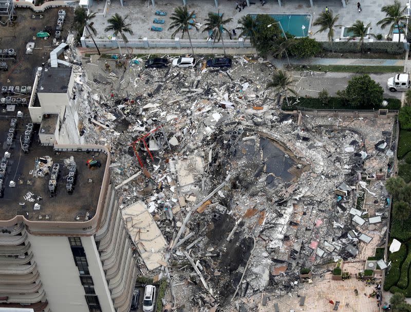 FILE PHOTO: An aerial view showing a partially collapsed building in Surfside near Miami Beach