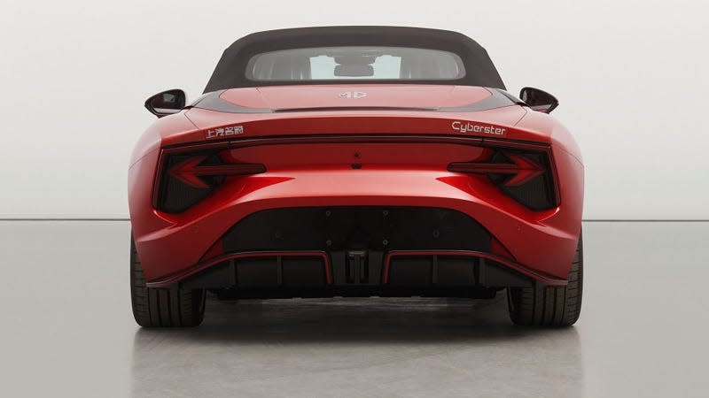 A photo of the rear end of the MG Cyberster sports car. 