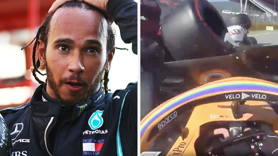 Lewis Hamilton says F1 officials need to examine procedures for safety car restarts after a scary pile-up during the Tuscan GP. Pictures: Getty Images/Formula 1