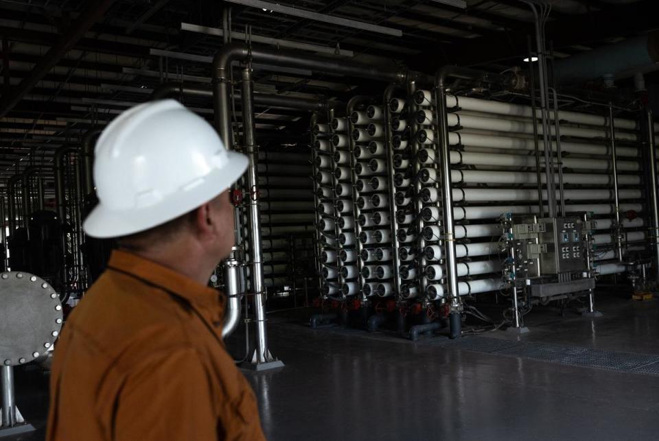 Filtered groundwater is desalinated through reverse osmosis at the SRWA Brackish Groundwater Treatment Facility in Brownsville, Tx, on Monday, July 15, 2024. The SRWA facility treats water to distribute to its five partners, including the Brownsville Public Utilities Board, its main customer and is seeking funding to expand the facility in order to address the region’s drought and water shortage.