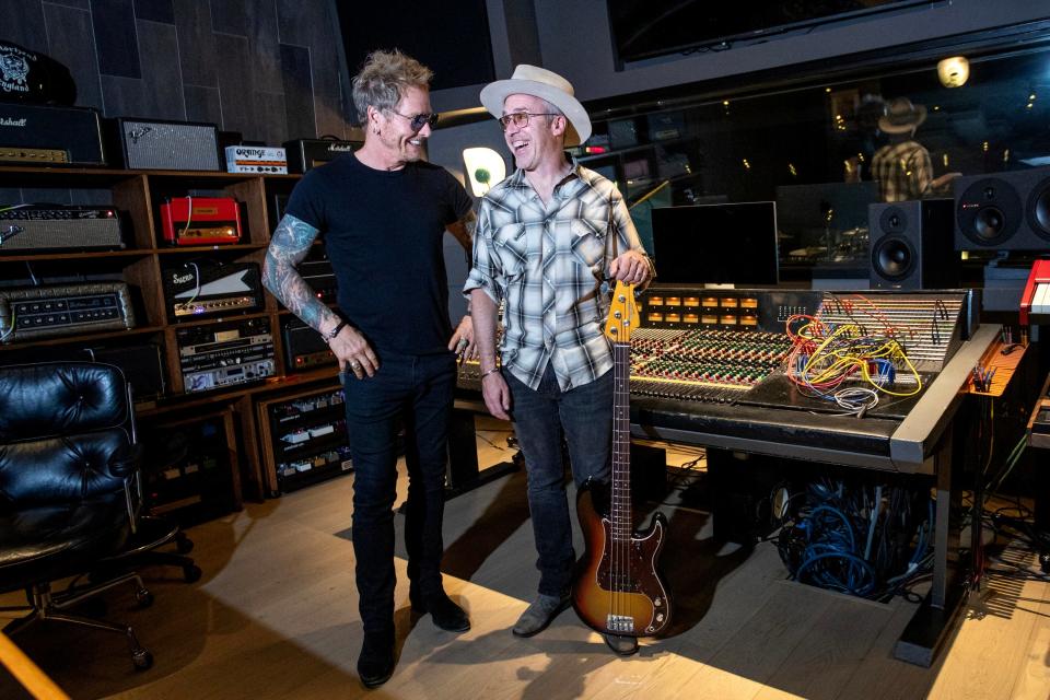 Former Guns N' Roses drummer Matt Sorum, left, and musician/venture capitalist Jason Mendelson share a laugh while being photographed inside their recently opened recording studio called, Good Noise Studio, in Palm Springs, Calif., on April 2, 2024.