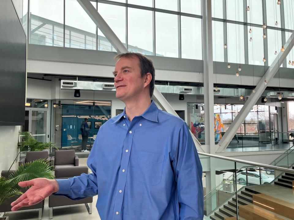 Corey Jaskolski, seen at TitletownTech's offices on March 21, is president and founder of Synthetaic. The Delafield-based company uses AI to quickly comb large datasets like satellite imagery looking for a specific shape or form.