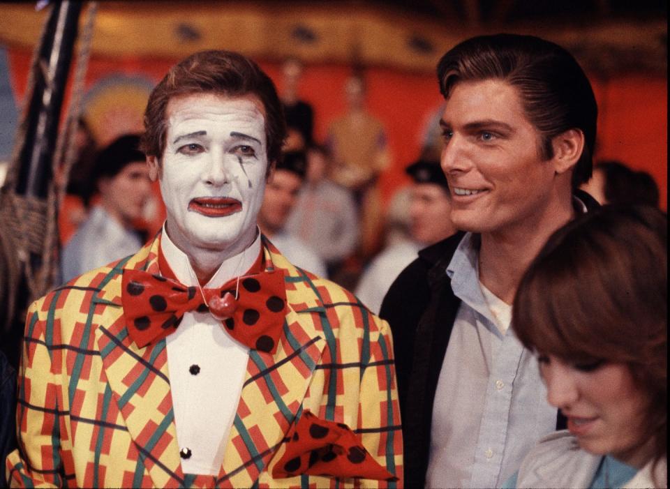 <p>Christopher Reeve visits Roger Moore on the set of <em>Octopussy</em> at Pinewood Studios in England. At the time, Reeve was filming <em>Superman III</em> in England.</p>