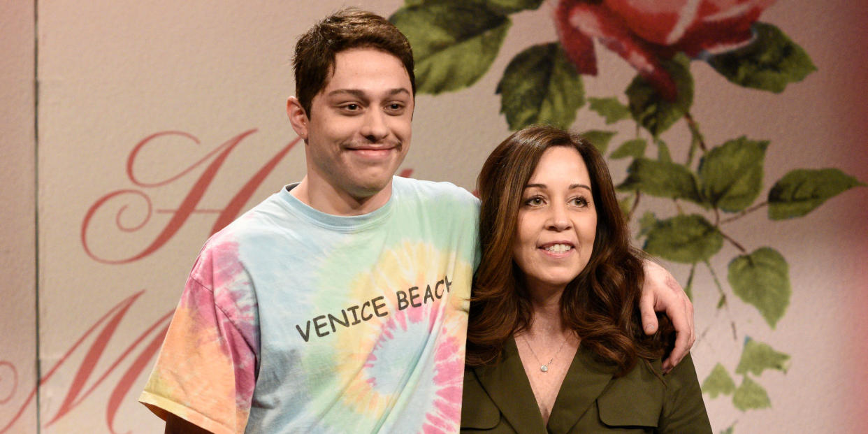 Pete Davidson and his mother, Amy, during the Mother's Day message cold open on 